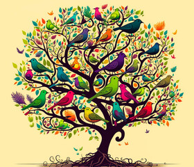 A tree with happy birds spreading, vibrant with colors and emotions. Whimsical illustration highlighting the idea that happiness is contagious. Generative AI