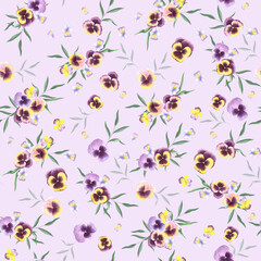 Watercolor floral background. Pansies are painted in watercolor. Seamless background, pattern. Printing for printing on fabric, paper, plastic.
