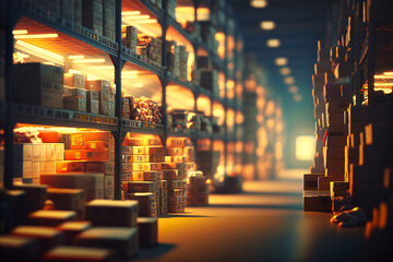 A dimly lit warehouse with rows of boxes casting long shadows
