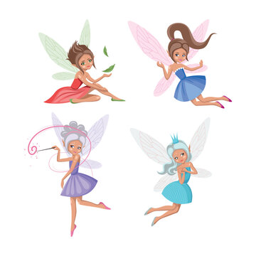 Cartoon magic fairies. A collection of cute fairytale girls characters.