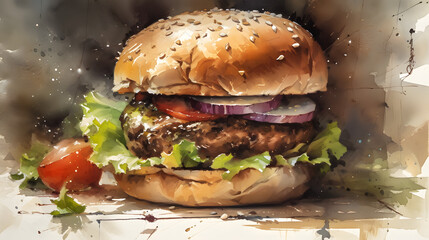 delicious burger watercolor painting, generative ai