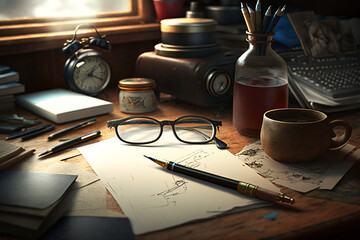 Desk illustration with objects and glasses on top. Generative AI.