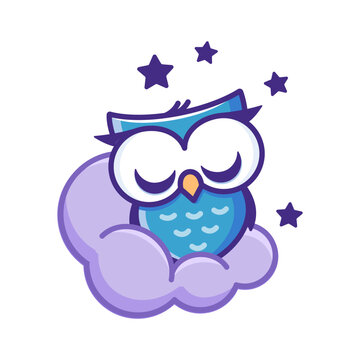Cute sleeping owl on a cloud. Cartoon hand-drawn vector illustration. A baby animal isolated on a white background