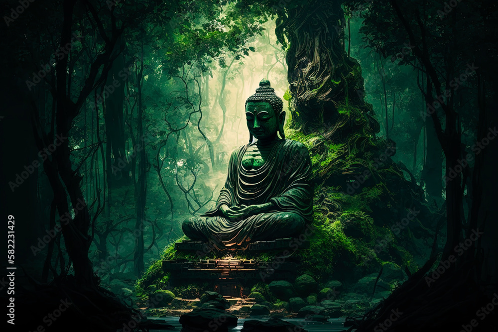 Wall mural a buddha statue sitting in the middle of a forest. generative ai