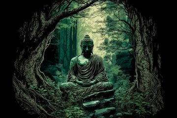 Foto auf Acrylglas A buddha statue sitting in the middle of a forest. Generative AI © Oleksandr