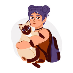 People and their cats isolated on a white background. A set of portraits of charming pet owners and cute pets. Vector illustration in a flat style