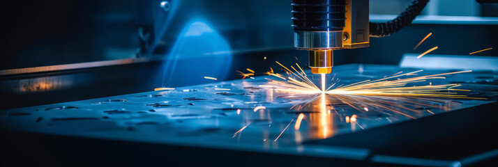Metal being cut by a blue laser CNC with a light spark, current industrial technology - Generative AI