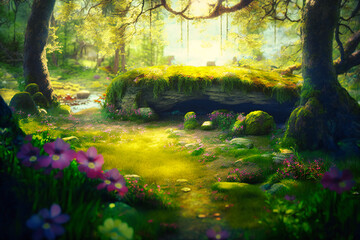 A sunlit glade in an ancient forest, carpeted with soft moss and delicate wildflowers