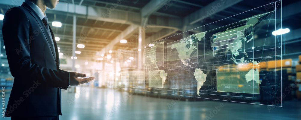 Poster a businessman stands in front of a massive warehouse facility while holding a virtual interface pane