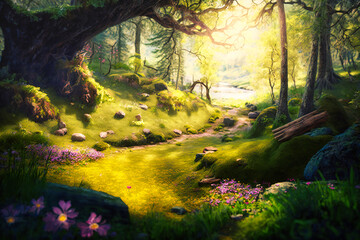 A sunlit glade in an ancient forest, carpeted with soft moss and delicate wildflowers