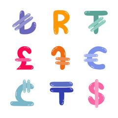 Set of international currency symbols. Cute hand drawn vector illustration with money signs. Coins of different countries: dollar sigh, euro, yuan, pesos. Colorful vector clipart set in naive style