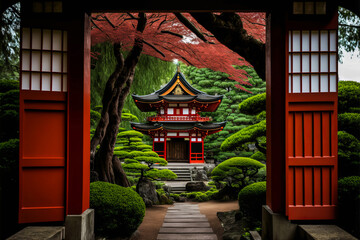 Traditional Japanese temple with red torii gate and serene garden. Represents spirituality and peace through traditional Japanese practices. Generative AI