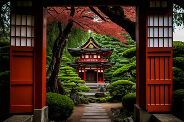 Crédence de cuisine en verre imprimé Zen Traditional Japanese temple with red torii gate and serene garden. Represents spirituality and peace through traditional Japanese practices. Generative AI