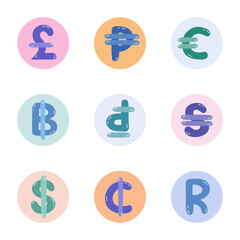 Set of international currency symbols. Cute hand drawn vector illustration with money signs. Coins of different countries: dollar sigh, euro, yuan, pesos. Colorful vector clipart set in naive style