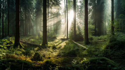Forest panorama with sunbeams, morning, wide shot, green forest. 