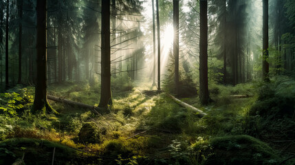 Obraz premium Forest panorama with sunbeams, morning, wide shot, green forest. 