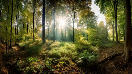 Forest panorama with sunbeams, morning, wide shot, green forest. 