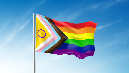 Waving intersex inclusive pride flag template. LGBTQ Progress Pride flag waving in wind at cloudy sky. Banner or poster for Pride Month events. Tolerance and freedom concept.Vector illustration.