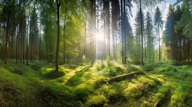 Forest panorama with sunbeams, morning, wide shot, green forest. 