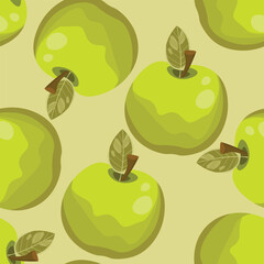 Seamless pattern with apple on color background. Natural delicious fresh ripe tasty fruit. Vector illustration for print, fabric, textile, banner, design. Stylized apples with leaves. Food concept