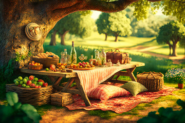 A cozy picnic spread on a checkered blanket, nestled in the shade of a sprawling oak tree