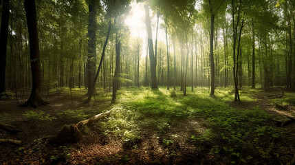 Fototapeta premium Forest panorama with sunbeams, morning, wide shot, green forest. 