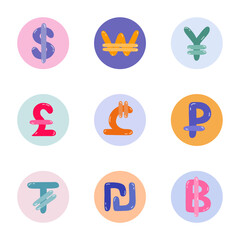 Set of international currency symbols. Cute hand drawn vector illustration with money signs. Coins of different countries: dollar sigh, euro, yuan, pesos. Colorful vector clipart set in naive style