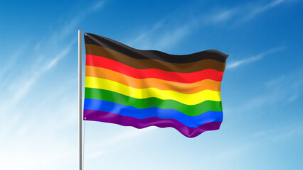 Waving philadelphia pride flag. Philadelphia pride flag waving in wind at cloudy sky. Template of banner or poster for Pride Month events. Tolerance and freedom concept.Vector illustration.