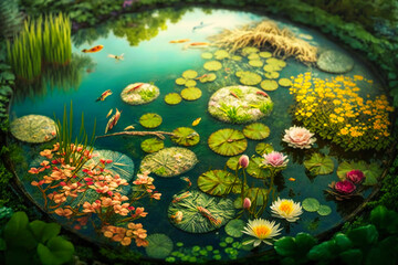 Fototapeta na wymiar A serene pond dotted with floating lily pads and delicate blossoms, surrounded by summer greenery