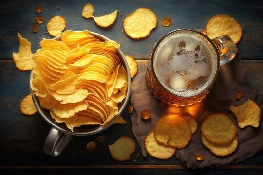 A glass of beer on the bar. Chips and snacks, top view..