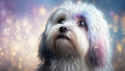 Lowchen Dog Medium Shot White Pink Blue Magical Fantasy Bokeh. Generative AI