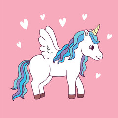 Beautiful unicorn  illustration, vector. Cute white unicorn vector illustration pink color tone. For kids fashion artworks, children books, prints, greeting cards, t shirts, wallpapers. 