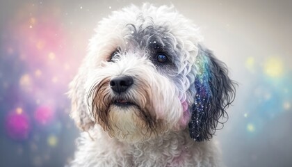 Schnoodle Dog Medium Shot White Pink Blue Magical Fantasy Bokeh. Generative AI
