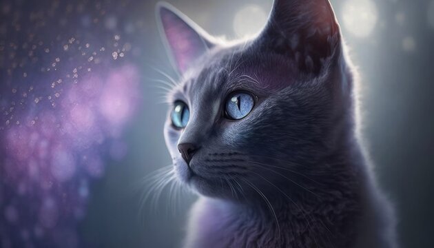 Russian Blue Cat Medium Shot White Pink Blue Magical Fantasy Bokeh. Generative AI