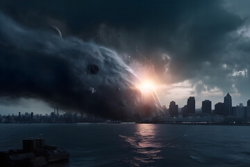 Huge asteroid hitting a city on planet Earth, sci-fi fantasy closeup, generative AI.