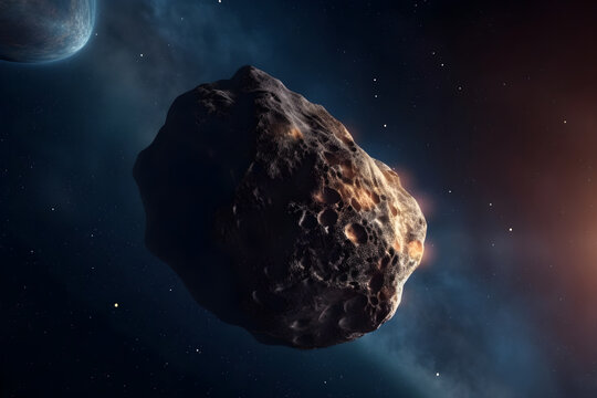 Huge asteroid in space image threatening planet earth, sci-fi fantasy closeup, generative AI.