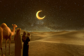 Crescent Moon with  Starry sky in the desert, a Arab family watching the moon, symbolizing the...