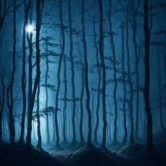Fantasy  autumn forest landscape in the blue fog.Generative AI

