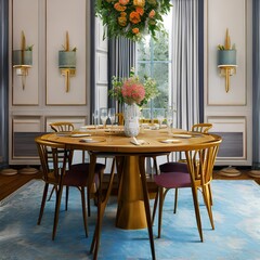 Fototapeta na wymiar Dining room with a vase of flowers and a table with chairs1, Generative AI