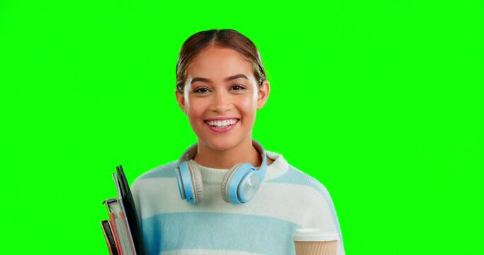 Books, coffee and headphones with a woman on a green screen background in studio for education. Portrait, student and scholarship with an attractive young female feeling happy on chromakey mockup