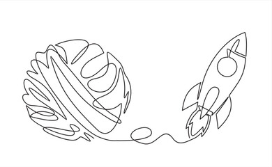 Chaos and rocket spaceship, abstract minimalist concept vector illustration. Metaphor of disorganized difficult problem found solution, mess with single continuous tangle thread in need of unraveling.