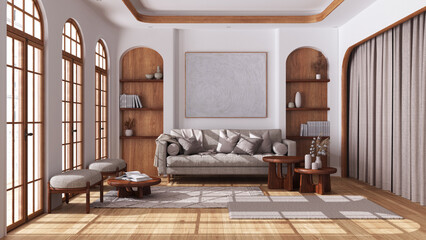 Modern wooden living room with parquet and arched windows. Fabric sofa, carpets and armchairs in white and beige tones. Boho style interior design