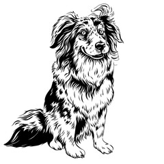 Black and white sketch of dog Red Australian Shepherd breed, Aussie or little blue dog