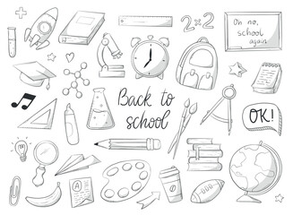 Set of monochrome school and education doodles, clip art, cartoon elements isolated on white background. Back to school coloring page, stickers, prints, cards design. EPS 10