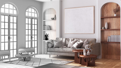 Architect interior designer concept: hand-drawn draft unfinished project that becomes real, living room in boho style with arched windows and parquet.Bohemian wooden style