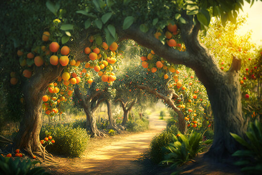 A sun-drenched citrus grove the air filled with the sweet scent of ripe fruit and blossoms