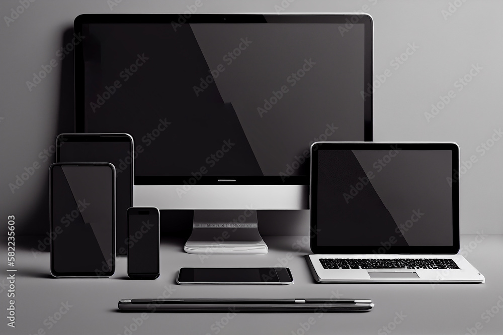 Poster responsive design mockup. digital tablet and smartphone and computer with blank screen on desk, comp