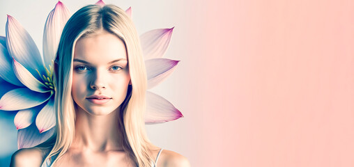 Pink design banner of a young blonde woman and a lotus flower. For beauty, relaxation and massage institute for women. Soft, feminine and modern design. Generative AI