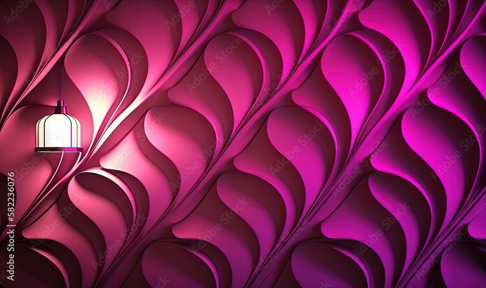 Poster a purple wall with a lamp hanging from it's side and a wavy pattern on the side of it, with a light 