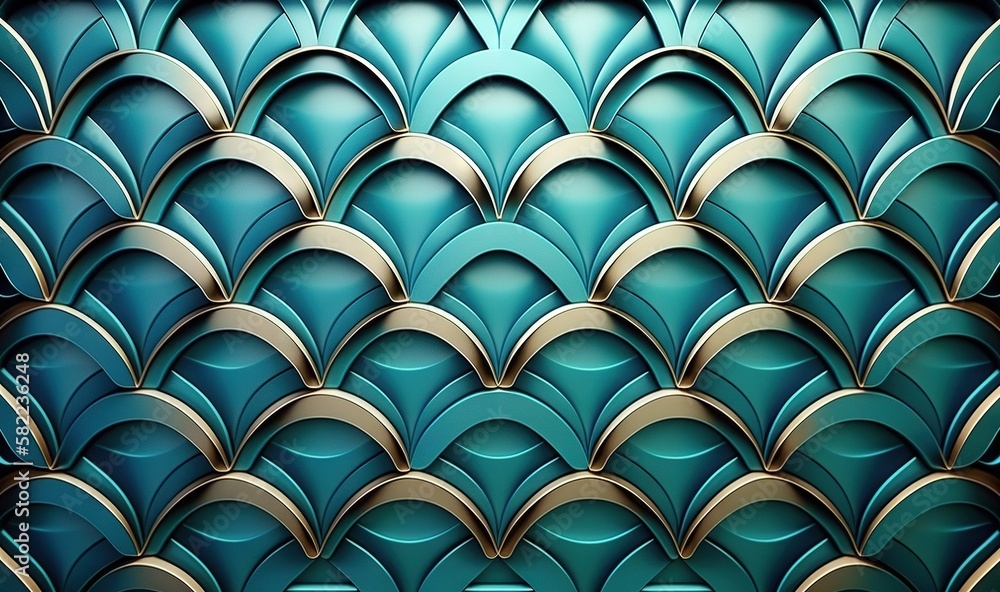 Poster a blue and gold background with a wavy design on it's side and a black frame in the middle of the im